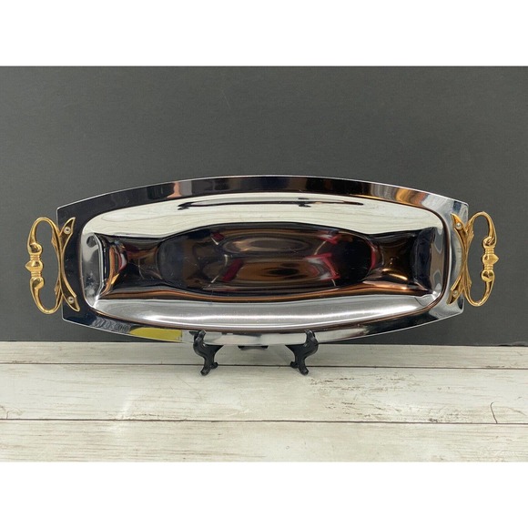 MCM Kromex Silver Serving Tray Bread Platter Chrome Brass Handles 17.5 x 6.5" - Picture 1 of 12